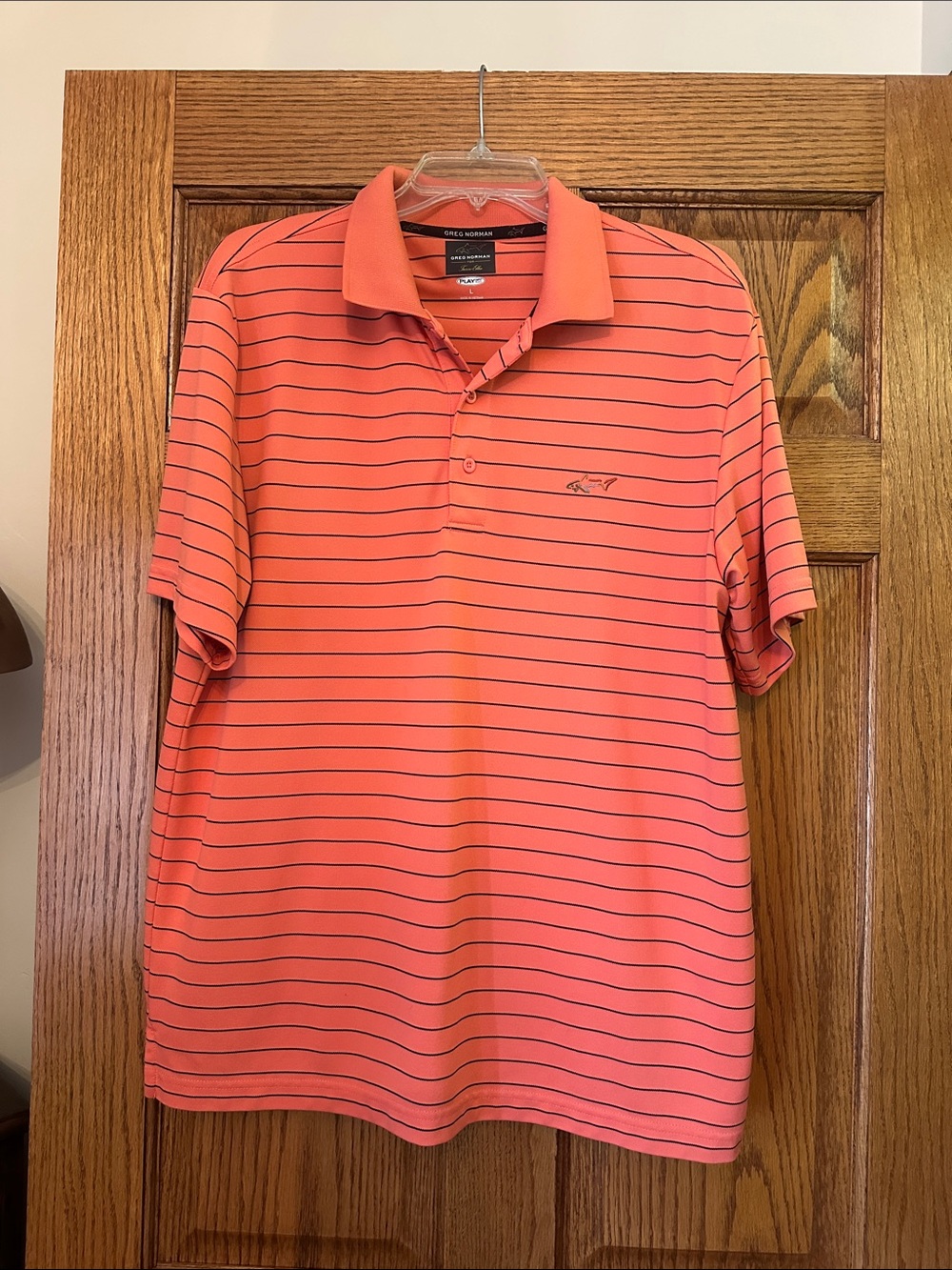 Men’s Greg Normal Coral Polo with Thin Navy Stripes